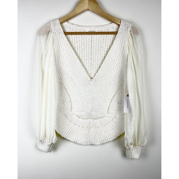 NWT! ANTHROPOLOGIE‎ Sheer Long-Sleeve V-Neck Knit Sweater Ivory Cream Size S - Picture 4 of 11